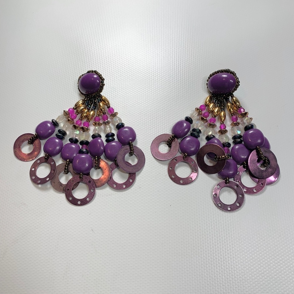 Purple Beaded Chunky Statement Earrings Sequins - Picture 2 of 8